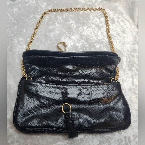 Henri Bendel Black Snake Leather Gold Chain Shoulder Clutch Bag - Picture 5 of 8
